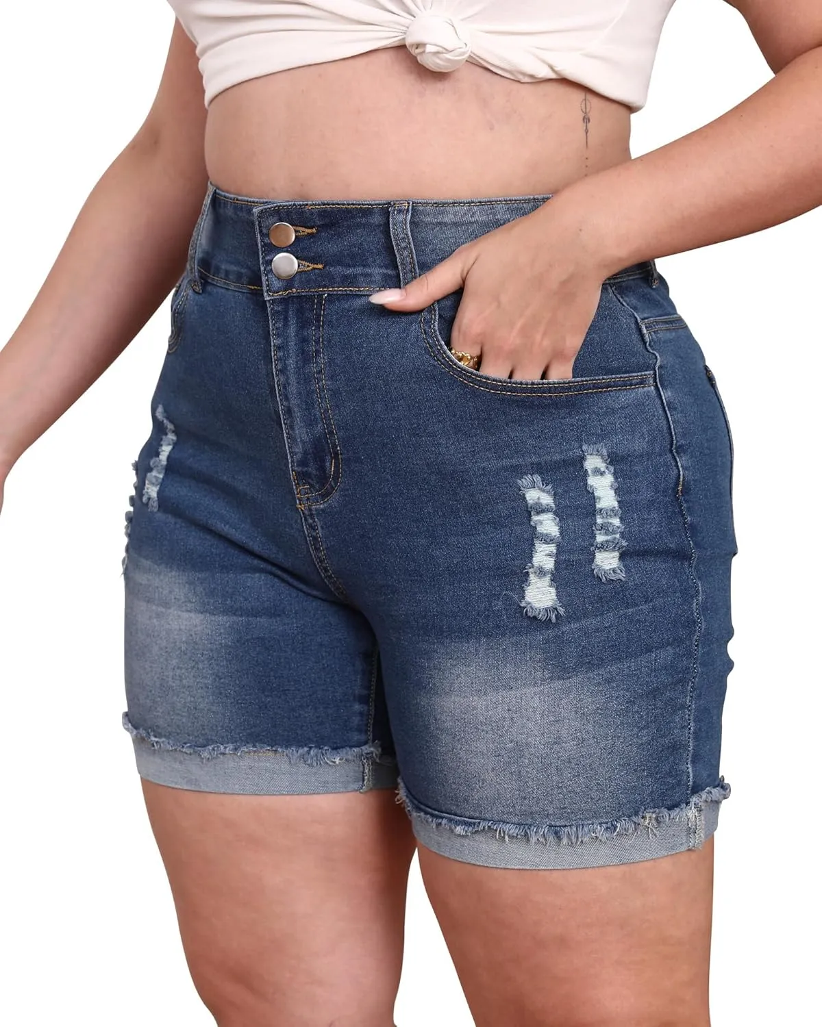 Womens Plus Size Jean Shorts High Waisted Stretchy Ripped Frayed Folded Hem Denim Shorts