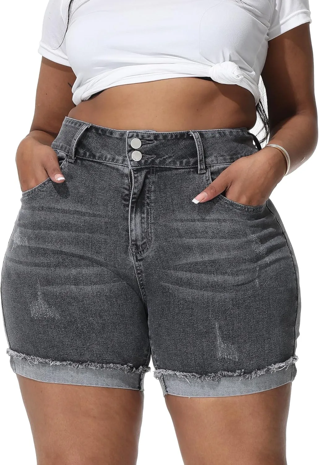 Womens Plus Size Jean Shorts High Waisted Stretchy Ripped Frayed Folded Hem Denim Shorts