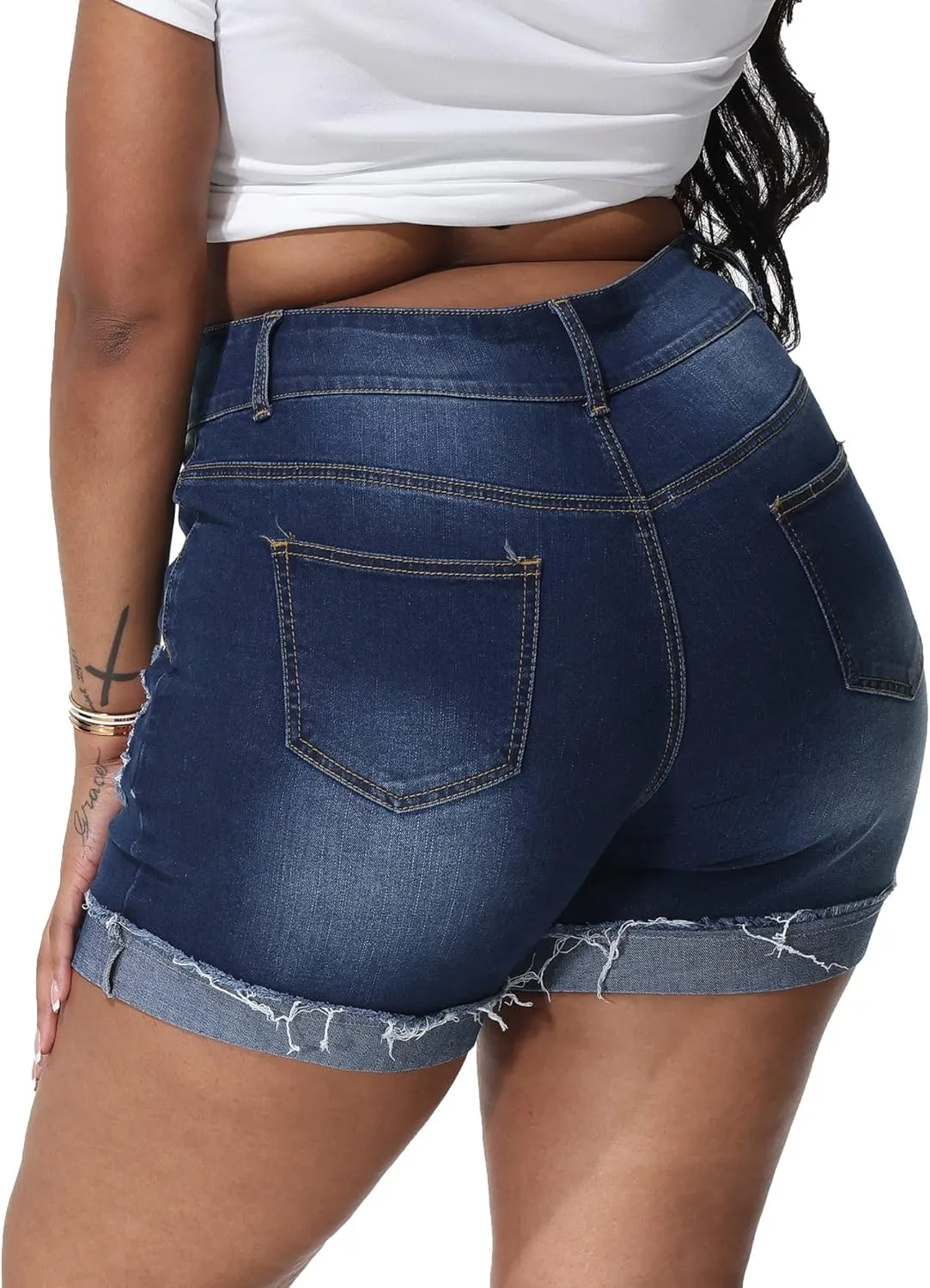 Womens Plus Size Jean Shorts High Waisted Stretchy Ripped Frayed Folded Hem Denim Shorts