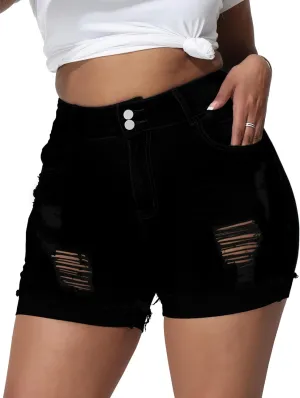 Womens Plus Size Jean Shorts High Waisted Stretchy Ripped Frayed Folded Hem Denim Shorts