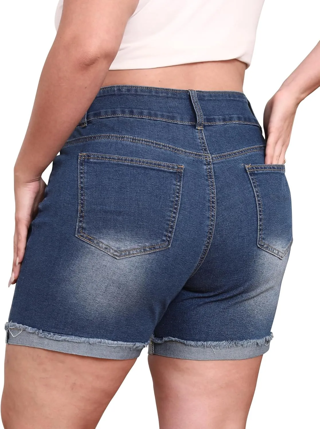 Womens Plus Size Jean Shorts High Waisted Stretchy Ripped Frayed Folded Hem Denim Shorts