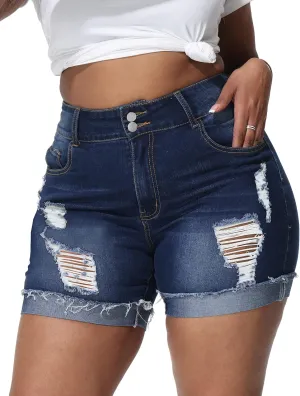 Womens Plus Size Jean Shorts High Waisted Stretchy Ripped Frayed Folded Hem Denim Shorts