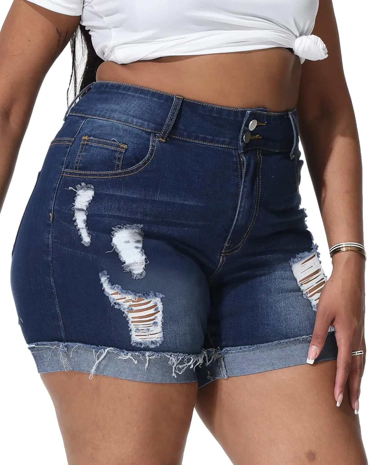 Womens Plus Size Jean Shorts High Waisted Stretchy Ripped Frayed Folded Hem Denim Shorts