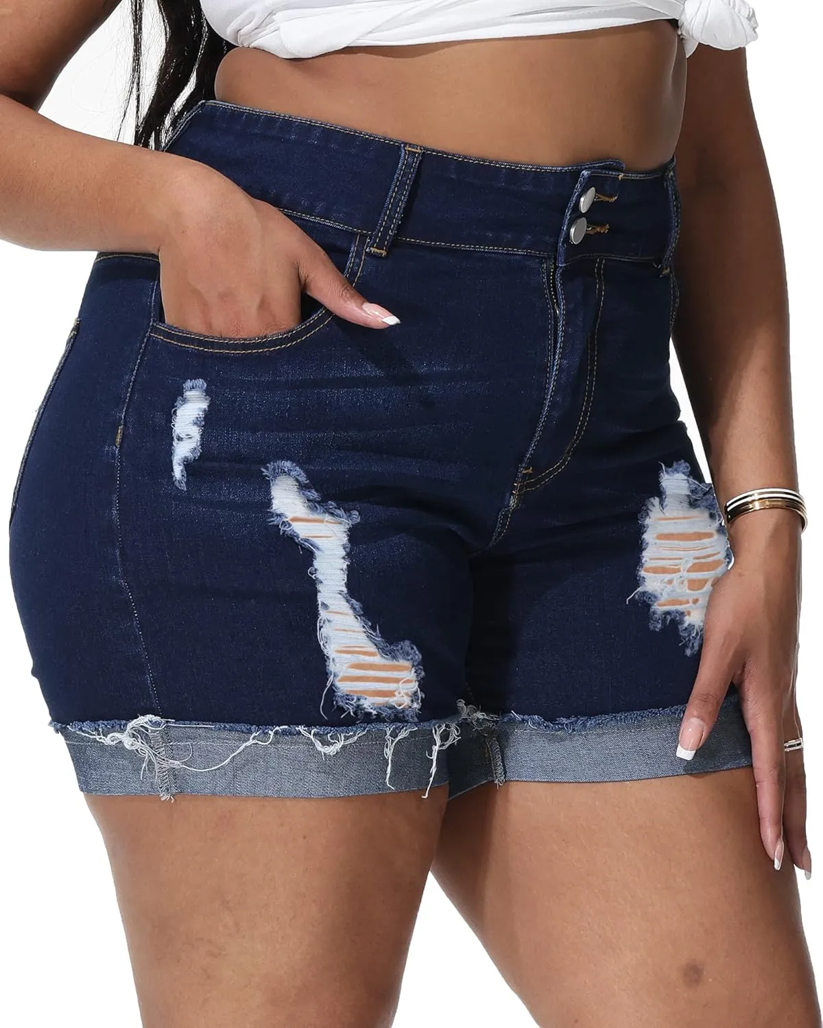 Womens Plus Size Jean Shorts High Waisted Stretchy Ripped Frayed Folded Hem Denim Shorts