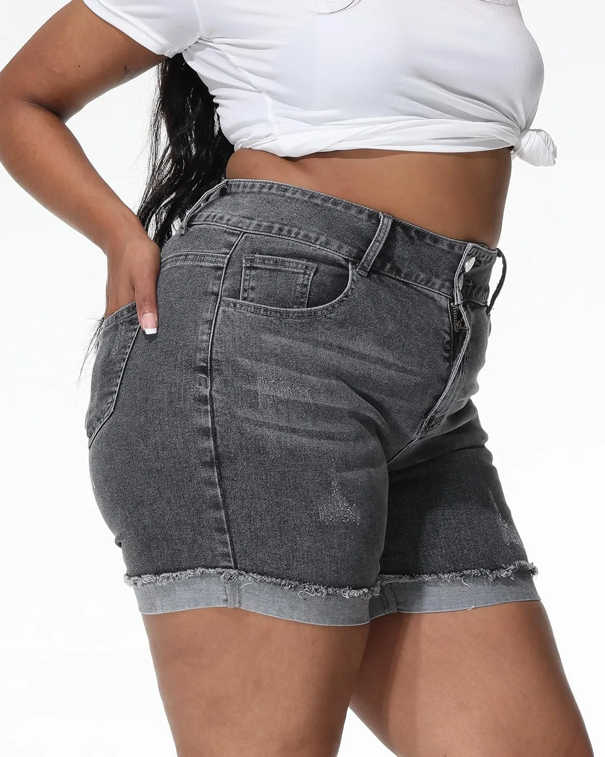 Womens Plus Size Jean Shorts High Waisted Stretchy Ripped Frayed Folded Hem Denim Shorts