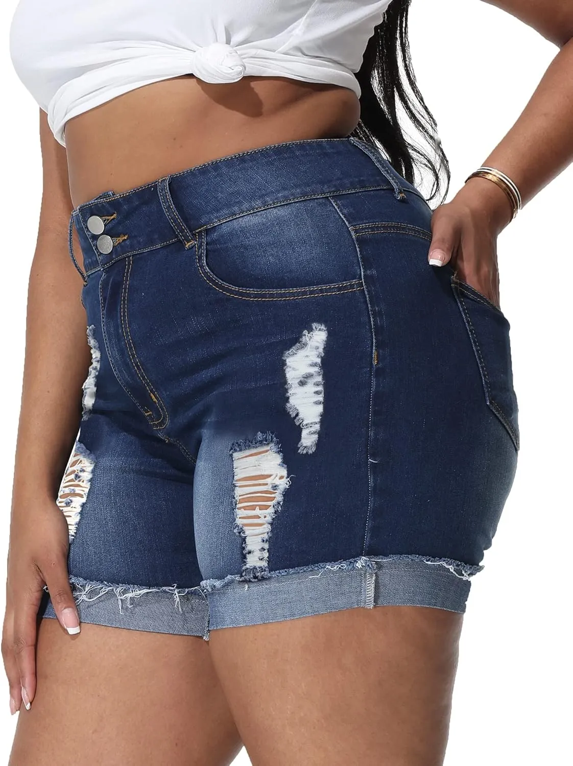 Womens Plus Size Jean Shorts High Waisted Stretchy Ripped Frayed Folded Hem Denim Shorts
