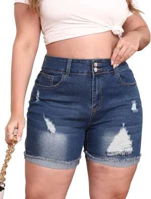 Womens Plus Size Jean Shorts High Waisted Stretchy Ripped Frayed Folded Hem Denim Shorts