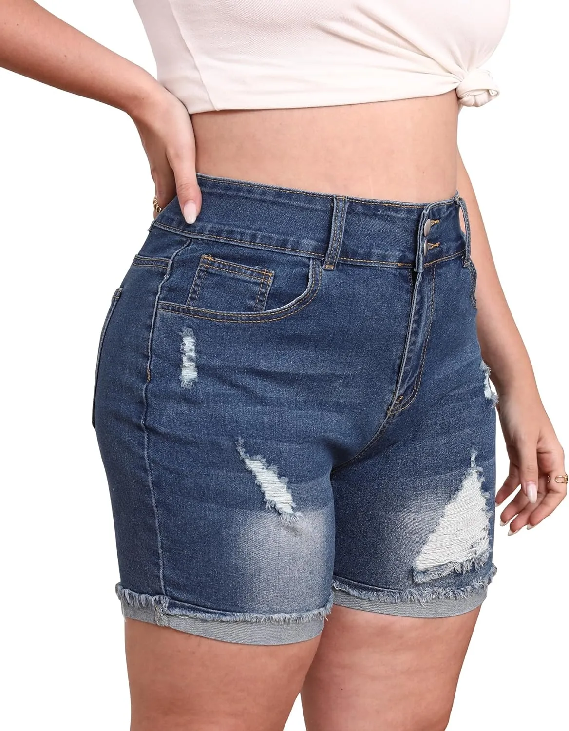 Womens Plus Size Jean Shorts High Waisted Stretchy Ripped Frayed Folded Hem Denim Shorts