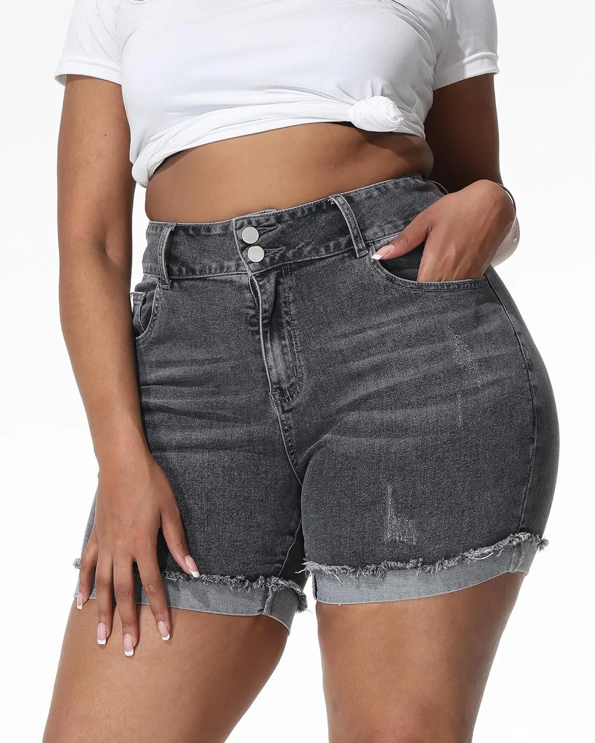 Womens Plus Size Jean Shorts High Waisted Stretchy Ripped Frayed Folded Hem Denim Shorts