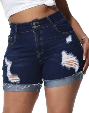 Womens Plus Size Jean Shorts High Waisted Stretchy Ripped Frayed Folded Hem Denim Shorts