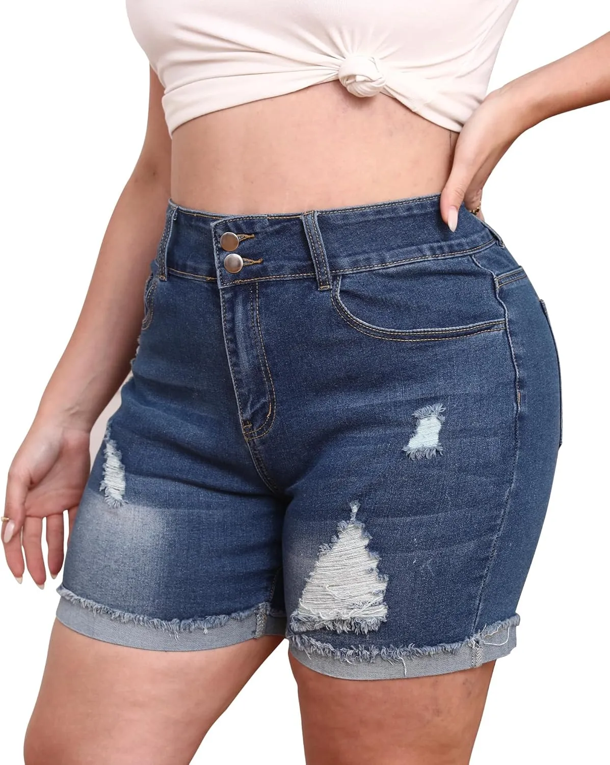 Womens Plus Size Jean Shorts High Waisted Stretchy Ripped Frayed Folded Hem Denim Shorts