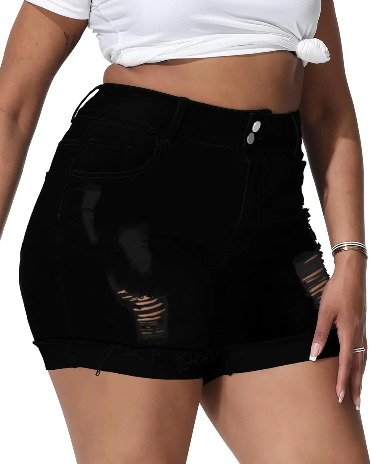 Womens Plus Size Jean Shorts High Waisted Stretchy Ripped Frayed Folded Hem Denim Shorts