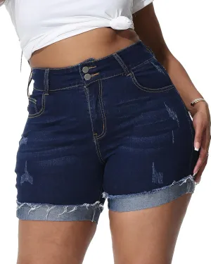 Womens Plus Size Jean Shorts High Waisted Stretchy Ripped Frayed Folded Hem Denim Shorts