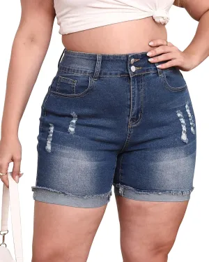 Womens Plus Size Jean Shorts High Waisted Stretchy Ripped Frayed Folded Hem Denim Shorts