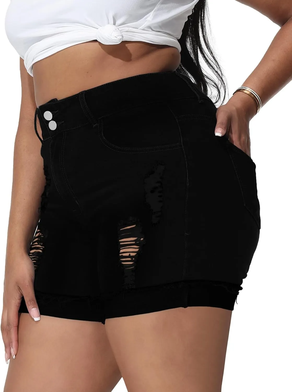 Womens Plus Size Jean Shorts High Waisted Stretchy Ripped Frayed Folded Hem Denim Shorts