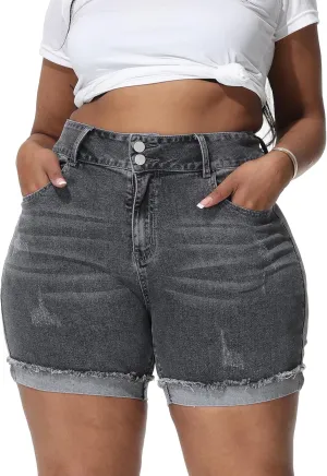 Womens Plus Size Jean Shorts High Waisted Stretchy Ripped Frayed Folded Hem Denim Shorts