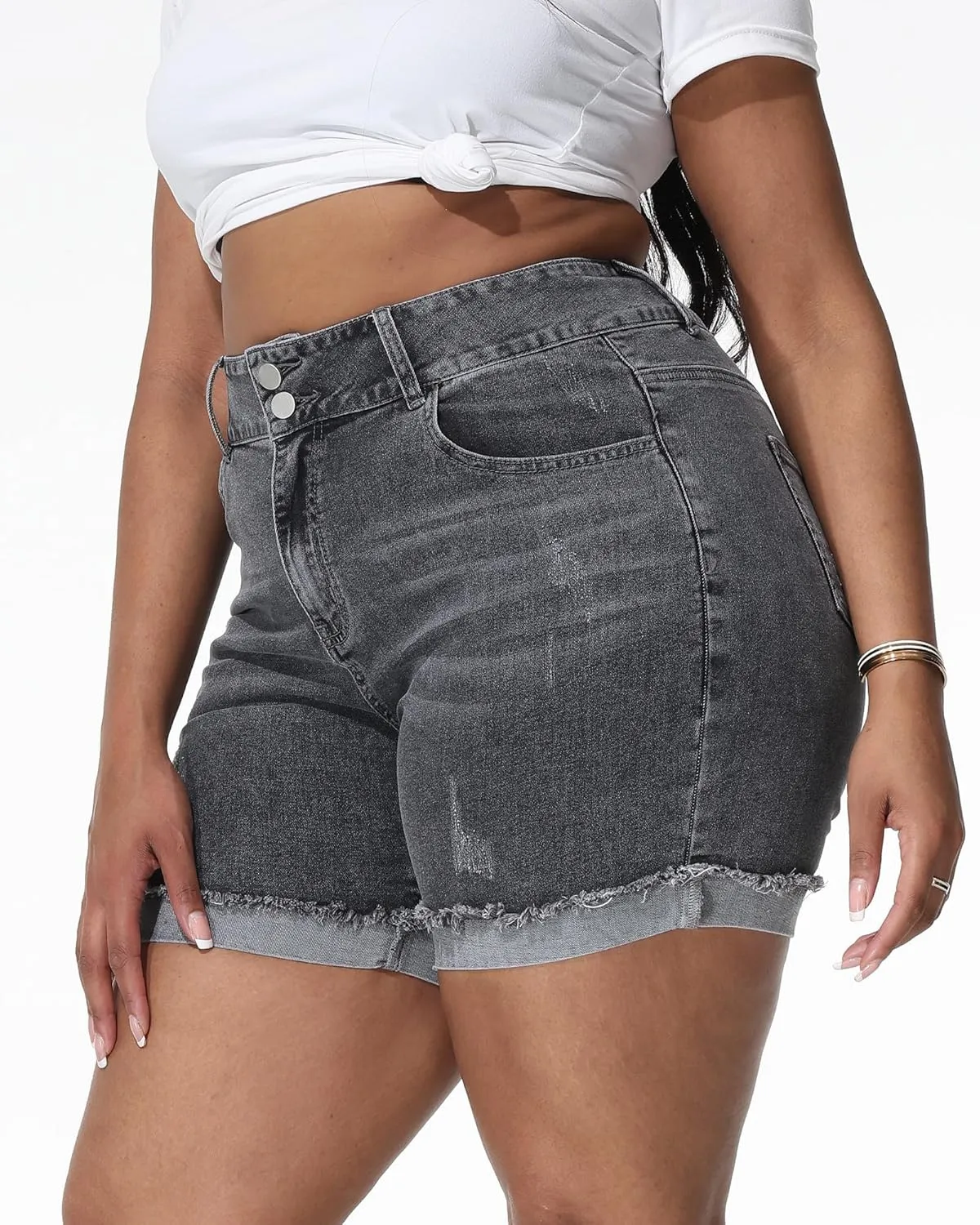 Womens Plus Size Jean Shorts High Waisted Stretchy Ripped Frayed Folded Hem Denim Shorts