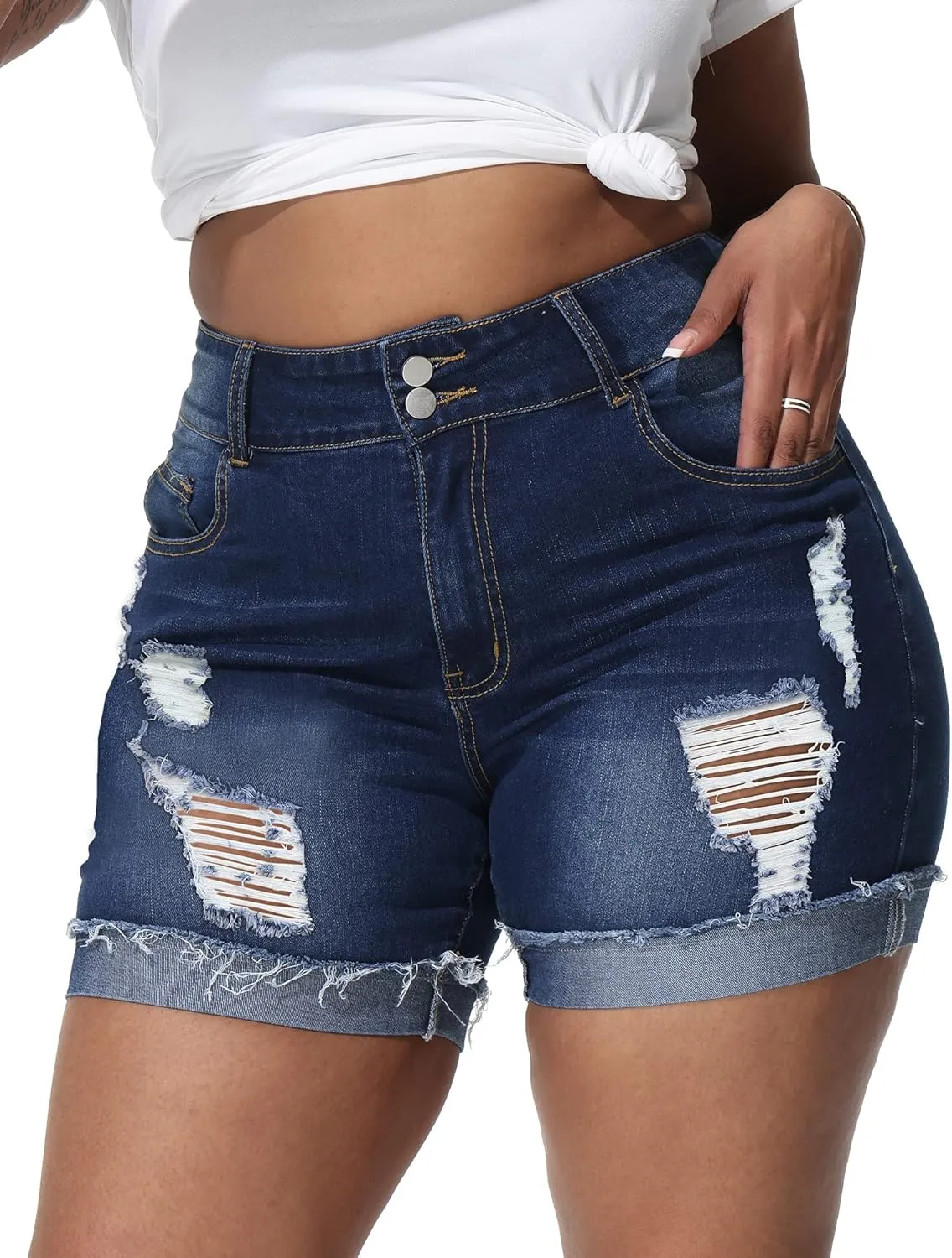 Womens Plus Size Jean Shorts High Waisted Stretchy Ripped Frayed Folded Hem Denim Shorts