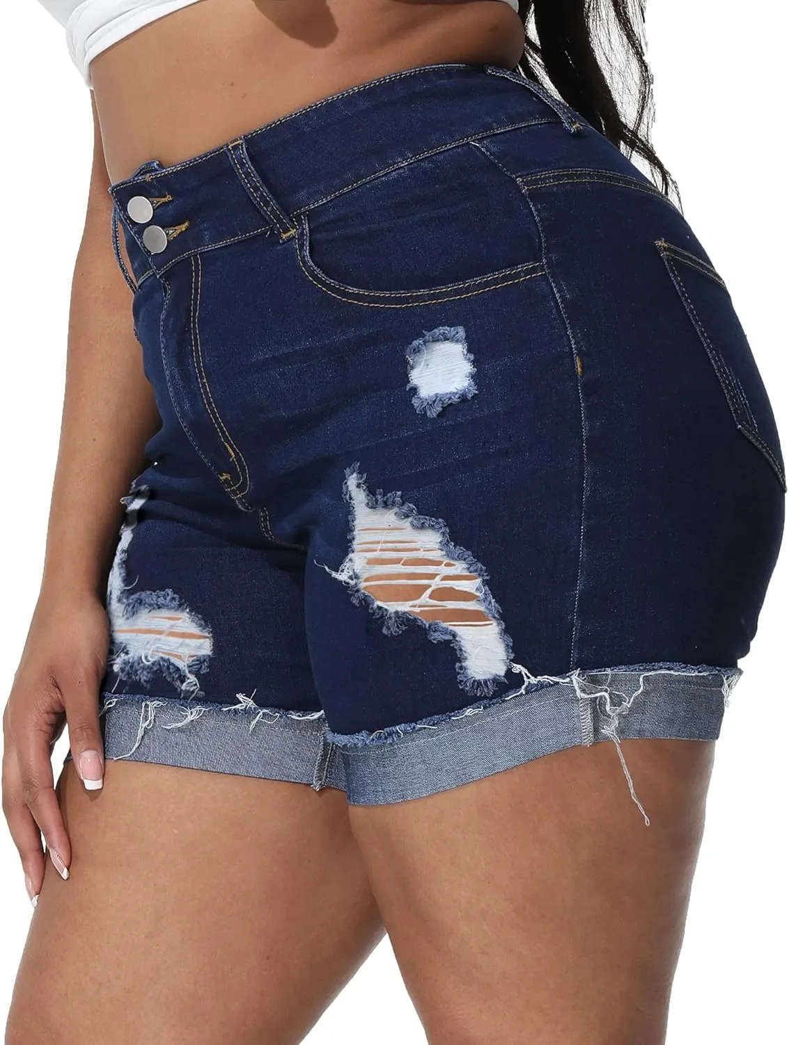 Womens Plus Size Jean Shorts High Waisted Stretchy Ripped Frayed Folded Hem Denim Shorts