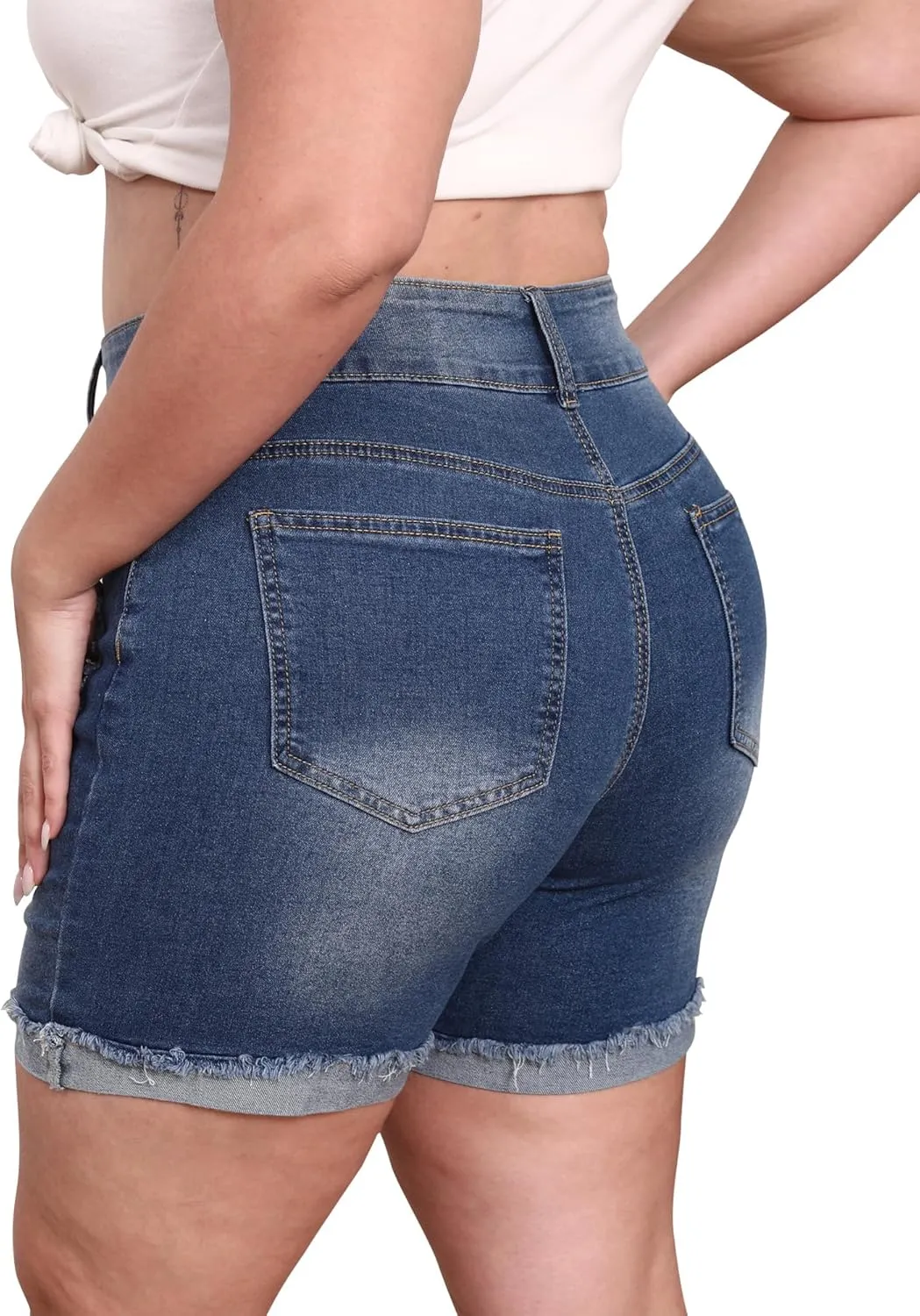 Womens Plus Size Jean Shorts High Waisted Stretchy Ripped Frayed Folded Hem Denim Shorts