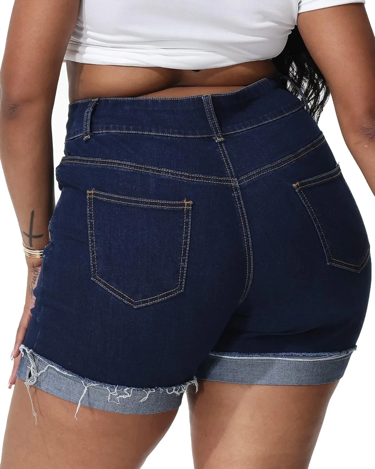 Womens Plus Size Jean Shorts High Waisted Stretchy Ripped Frayed Folded Hem Denim Shorts
