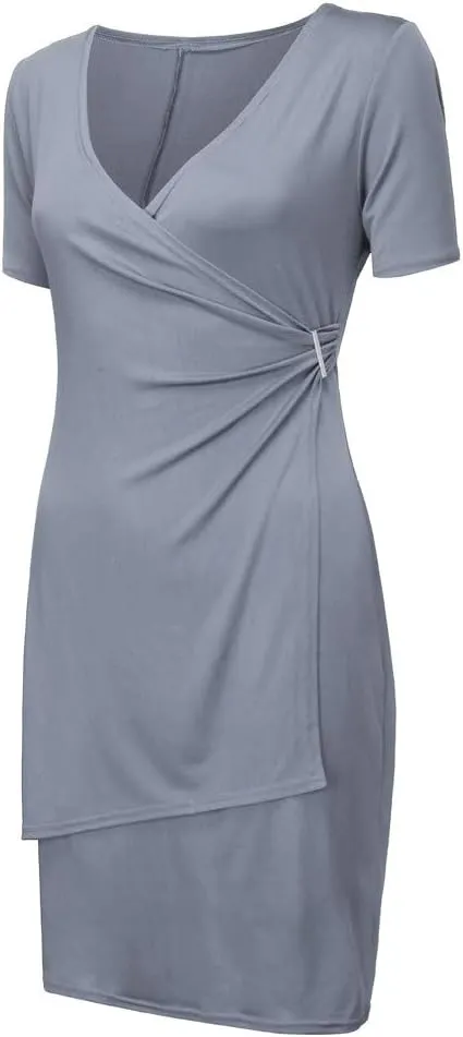 Womens Plus Size Ruched Wrap Dress Pleated Bodycon Midi Casual Party Work Dress