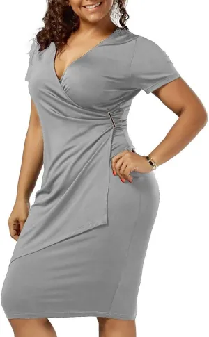 Womens Plus Size Ruched Wrap Dress Pleated Bodycon Midi Casual Party Work Dress