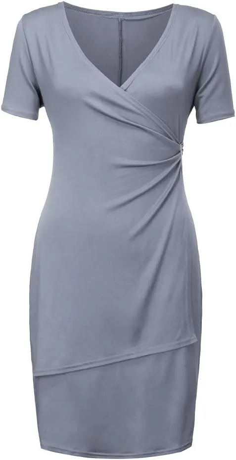Womens Plus Size Ruched Wrap Dress Pleated Bodycon Midi Casual Party Work Dress