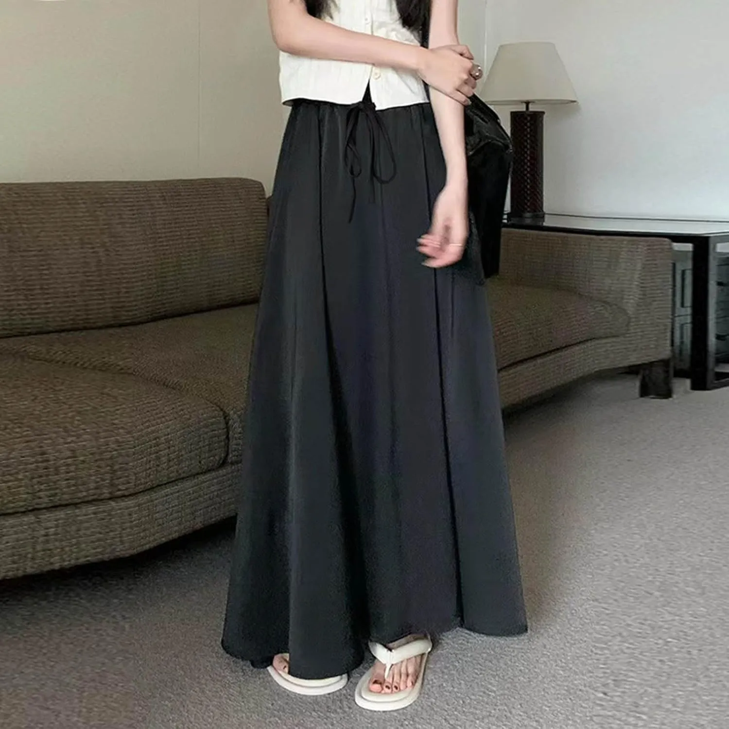 Women's Plus Size Satin Skirts 2025 Fashion Drawstring High Waisted Going Out Skorts Casual Summer Solid Loose Skirt