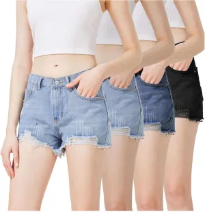 Womens Ripped Denim Jean Shorts Pack,Mid Waist Jean Shorts for Ladies，Frayed Raw Hem Casual for 2025 Summer