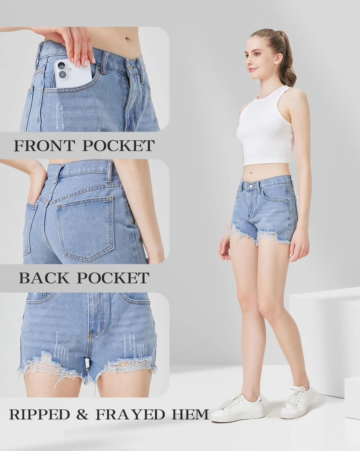Womens Ripped Denim Jean Shorts Pack,Mid Waist Jean Shorts for Ladies，Frayed Raw Hem Casual for 2025 Summer