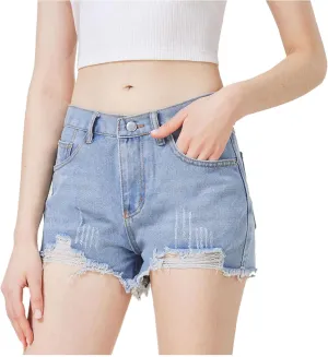 Womens Ripped Denim Jean Shorts Pack,Mid Waist Jean Shorts for Ladies，Frayed Raw Hem Casual for 2025 Summer
