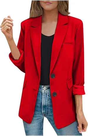 Women's Rolled Up Long Sleeve Blazers Open Front Button Cardigan Jacket Lightweight Casual Loose Fit Suits Jackets