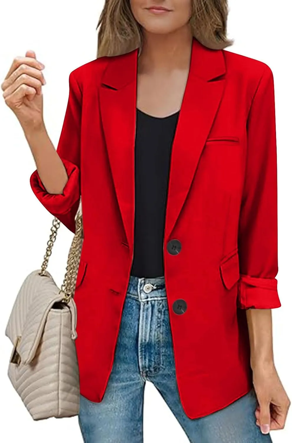 Women's Rolled Up Long Sleeve Blazers Open Front Button Cardigan Jacket Lightweight Casual Loose Fit Suits Jackets