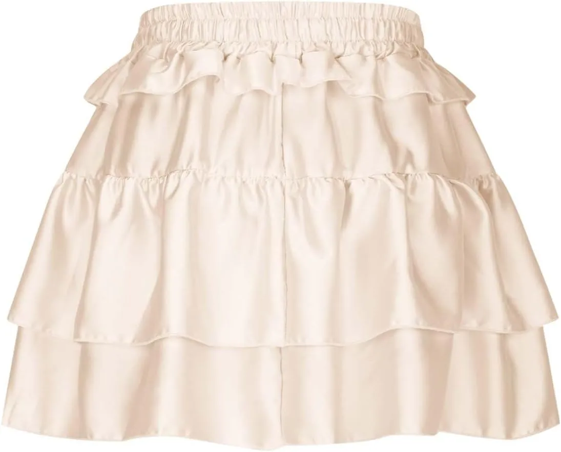 Women's Ruffle Flowy Mini Skirts Stretchy High Waist Lace-Up Solid Color Layered Pleated Casual Beach Short Skirt