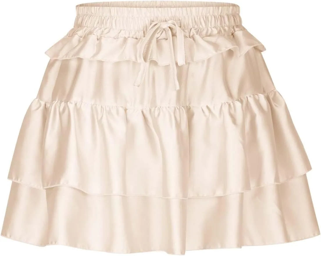 Women's Ruffle Flowy Mini Skirts Stretchy High Waist Lace-Up Solid Color Layered Pleated Casual Beach Short Skirt