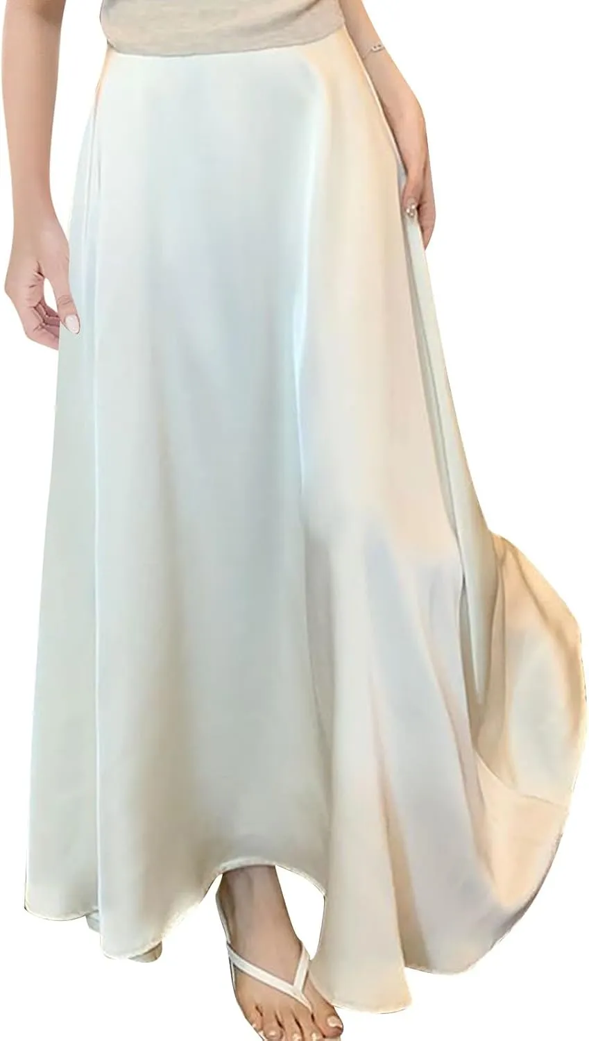 Womens Satin High Waisted Maxi Skirts 2025 Elegant Flowy Cocktail Party Wedding Dress Silk Casual A-Line Long Skirt