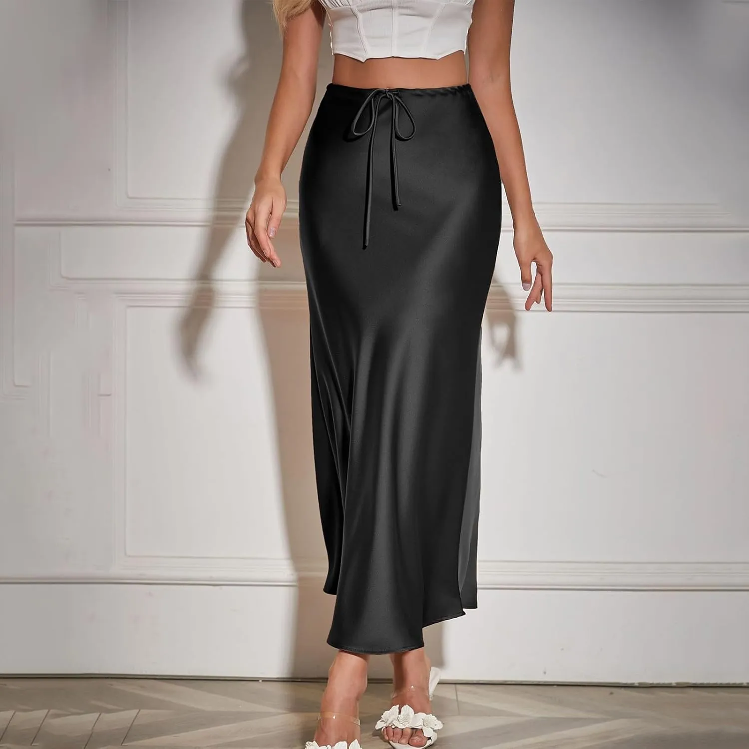 Womens Satin Maxi Skirts Drawstring High Waist Silk Elegant Flowy Casual A-Line Long Skirt Cocktail Party Weekend Midi Skirts