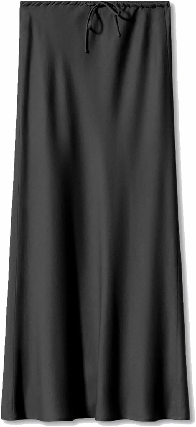 Womens Satin Maxi Skirts Drawstring High Waist Silk Elegant Flowy Casual A-Line Long Skirt Cocktail Party Weekend Midi Skirts