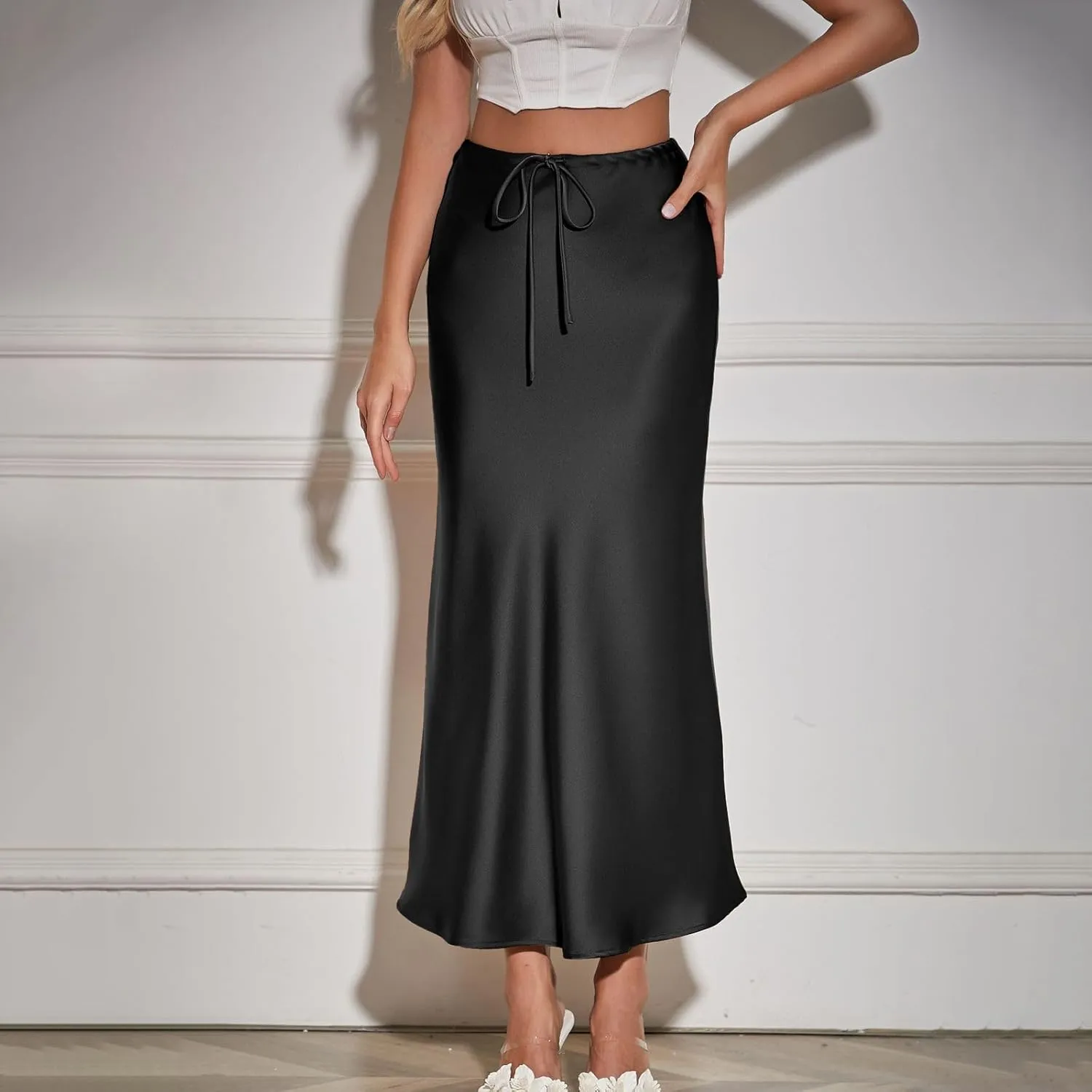 Womens Satin Maxi Skirts Drawstring High Waist Silk Elegant Flowy Casual A-Line Long Skirt Cocktail Party Weekend Midi Skirts