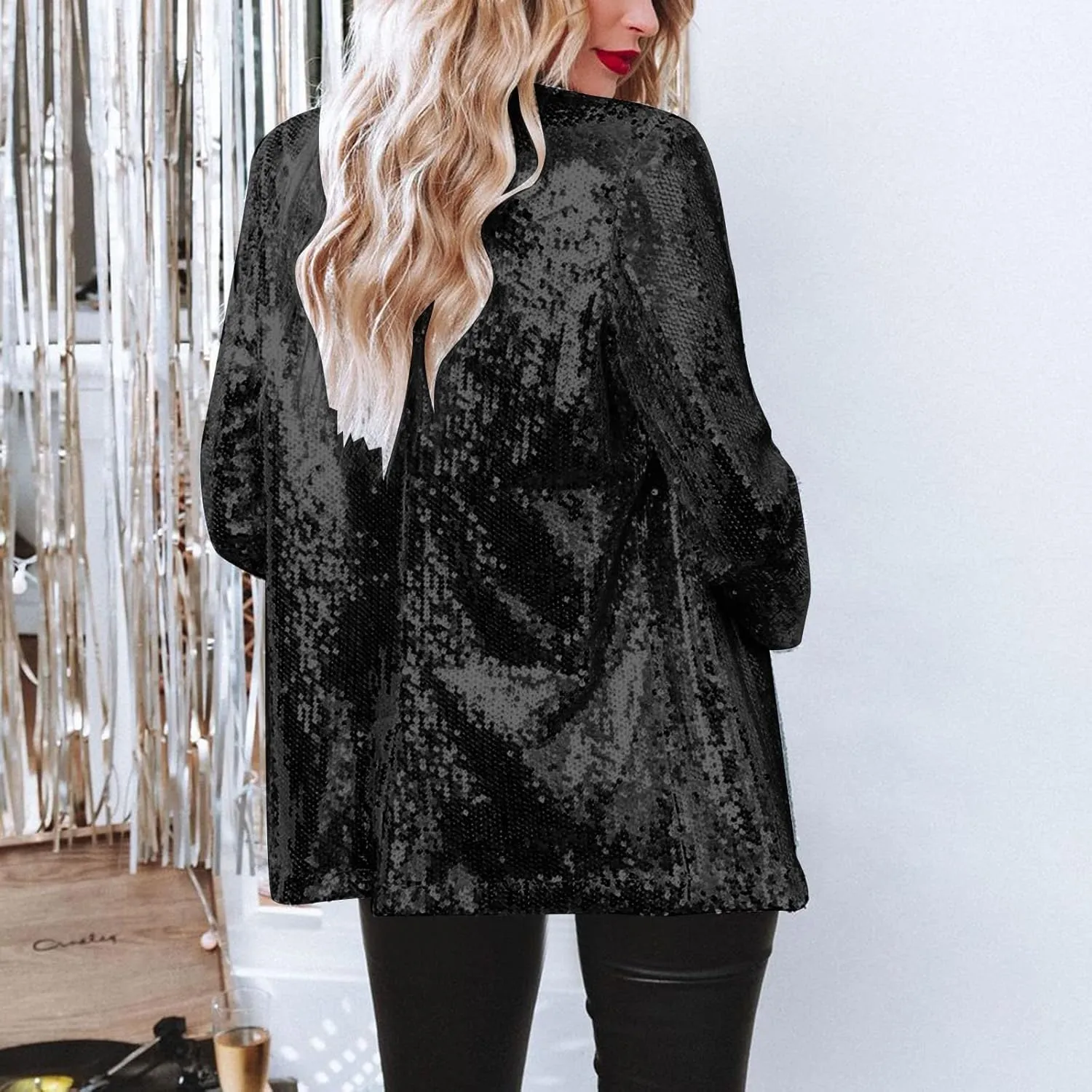 Women's Sequin Jacket Shiny Open Front Glitter Blazer Evening Party Sparkly Long Sleeve Slim Cardigan Coat