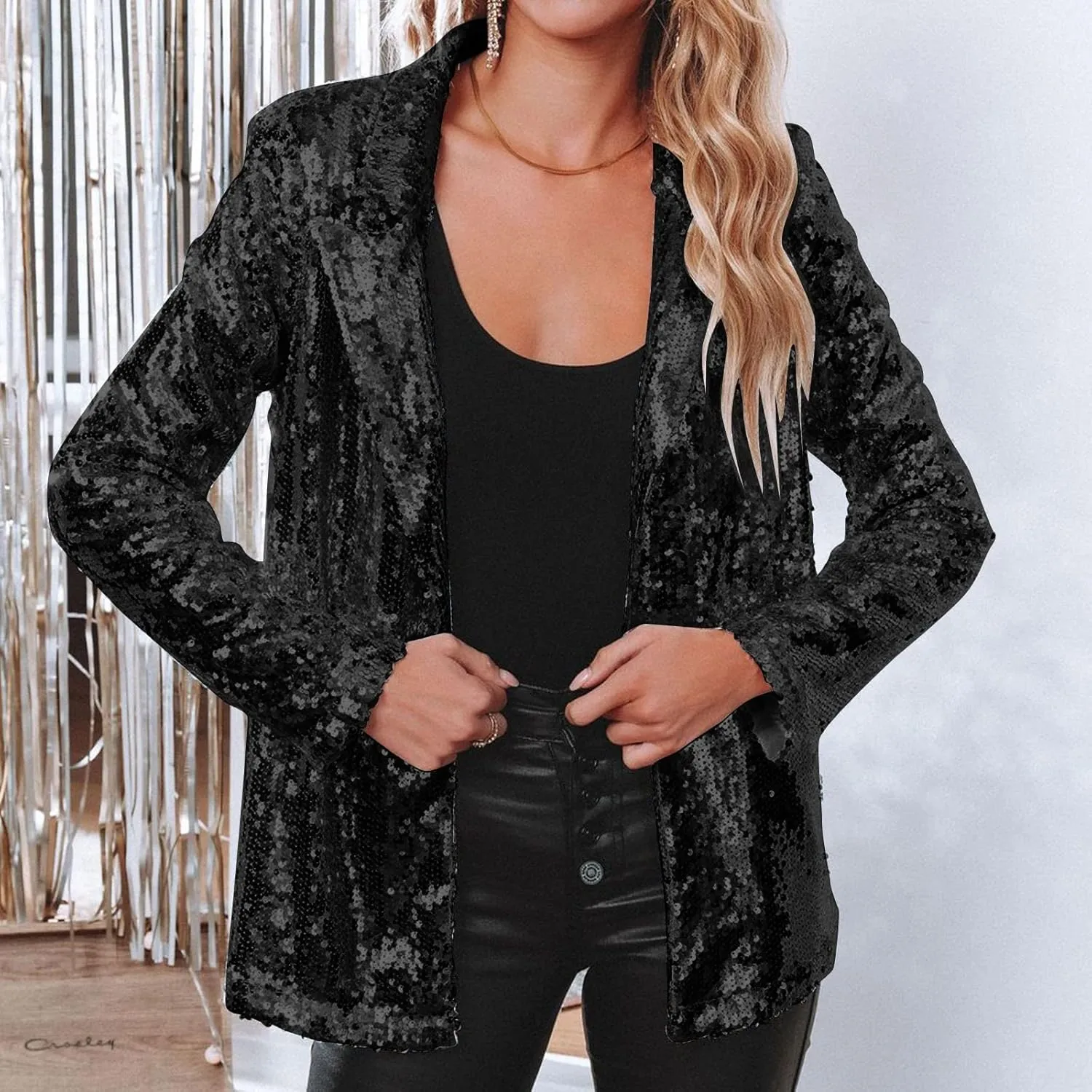 Women's Sequin Jacket Shiny Open Front Glitter Blazer Evening Party Sparkly Long Sleeve Slim Cardigan Coat