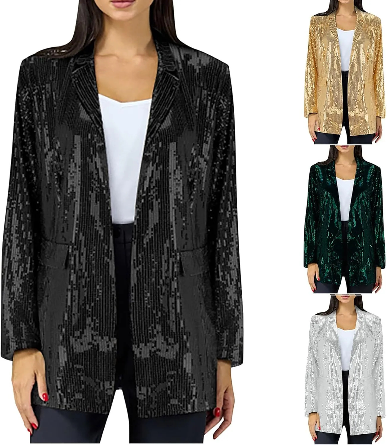 Women's Sequin Jackets Trendy Open Front Blazers Long Sleeve Sparkly Suit Jacket 2024 Casual Glitter Outfit