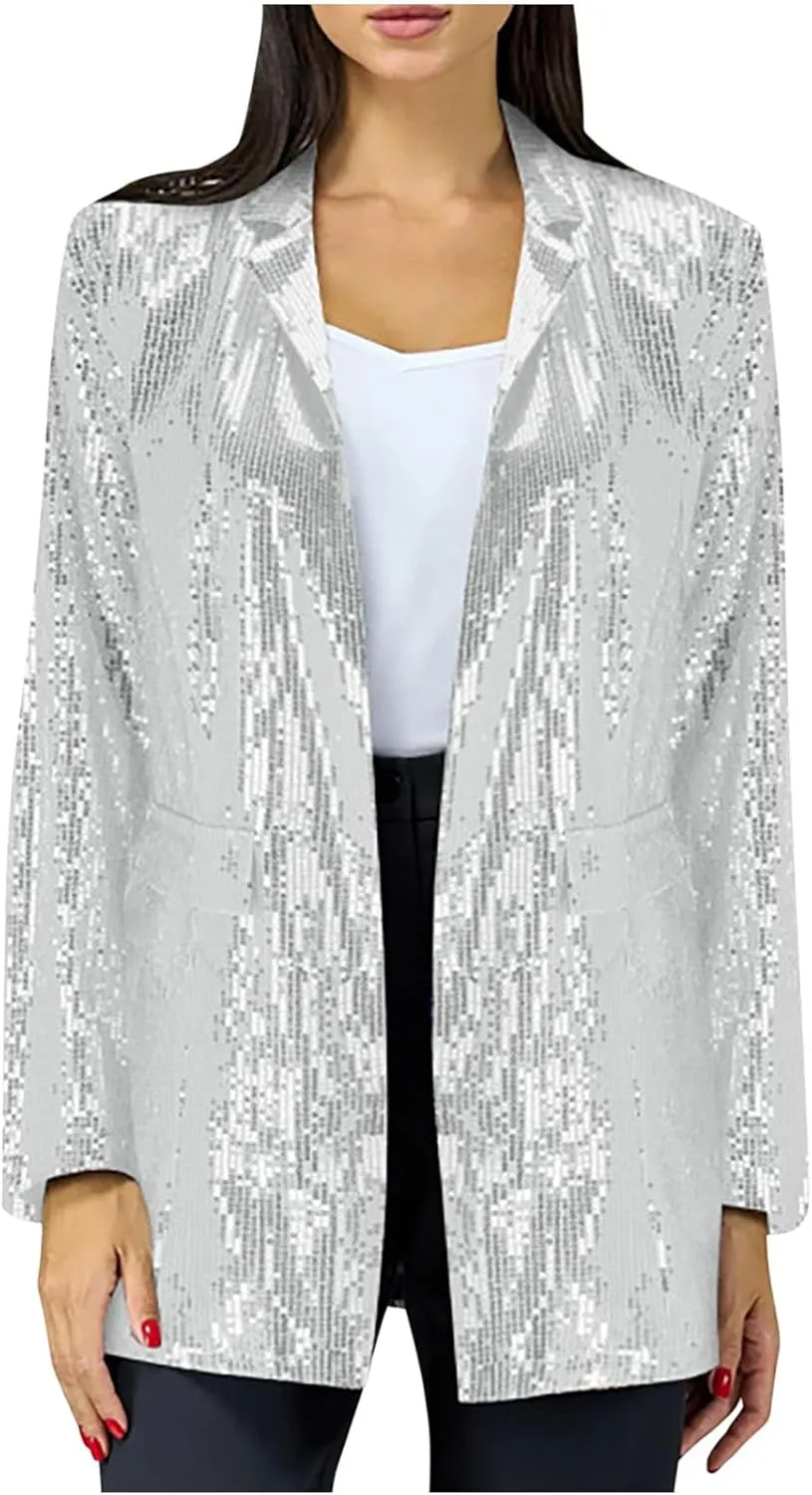 Women's Sequin Jackets Trendy Open Front Blazers Long Sleeve Sparkly Suit Jacket 2024 Casual Glitter Outfit