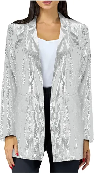 Women's Sequin Jackets Trendy Open Front Blazers Long Sleeve Sparkly Suit Jacket 2024 Casual Glitter Outfit