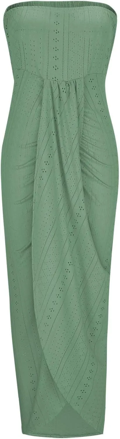 Women's Sexy Strapless Dress Off Shoulder Bodycon Midi Party Dress Eyelet Embroidery Front Split Cocktail Dresses