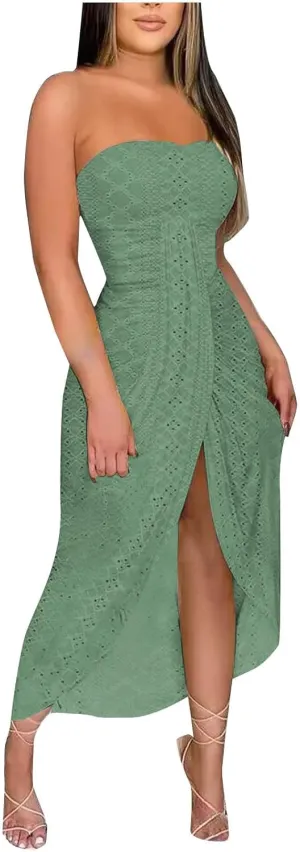 Women's Sexy Strapless Dress Off Shoulder Bodycon Midi Party Dress Eyelet Embroidery Front Split Cocktail Dresses