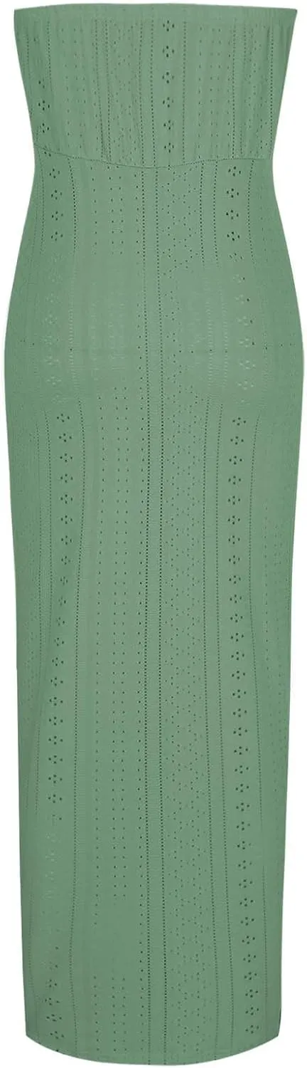 Women's Sexy Strapless Dress Off Shoulder Bodycon Midi Party Dress Eyelet Embroidery Front Split Cocktail Dresses