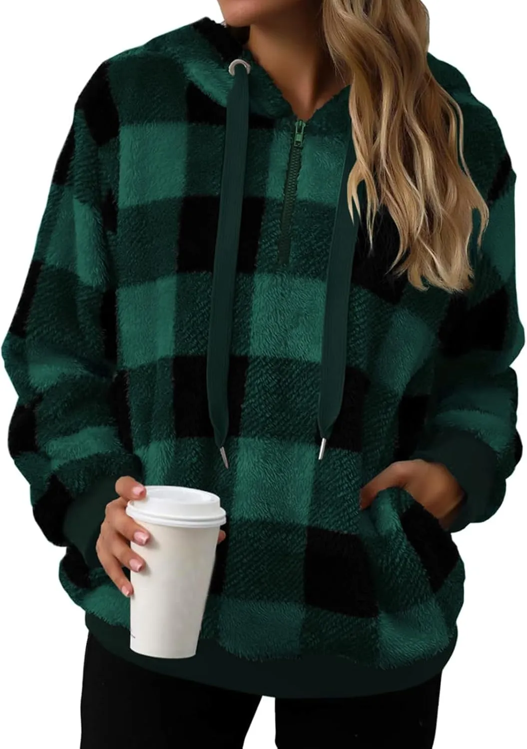 Womens Sherpa Pullover Hoodie Fleece Quarter Zip Sweatshirt Buffalo Plaid Fluffy Coat Outwear