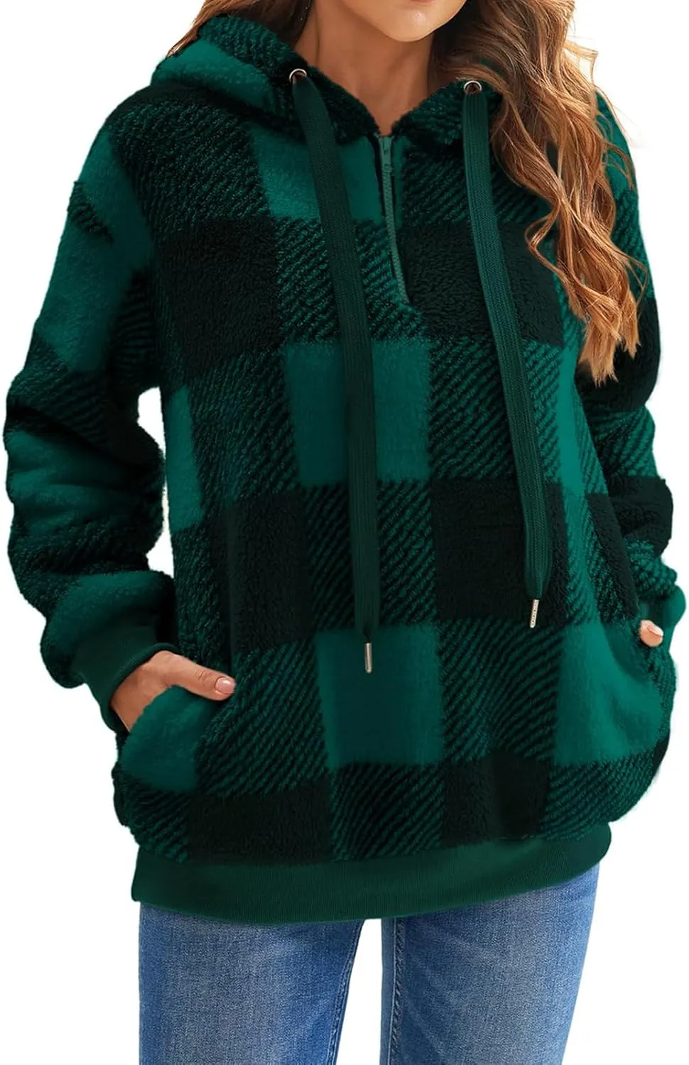 Womens Sherpa Pullover Hoodie Fleece Quarter Zip Sweatshirt Buffalo Plaid Fluffy Coat Outwear